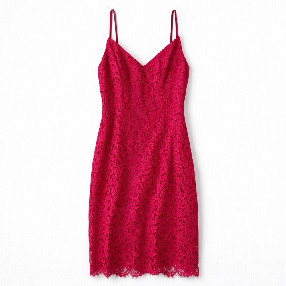Lulus Raspberry Lace Midi Dress Spaghetti Strap Cocktail Party Prom Fitted L